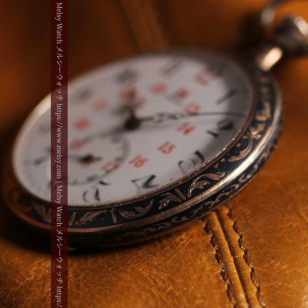 オメガの銀無垢アンティーク懐中時計・ニエロ黒金装飾 【1917年頃