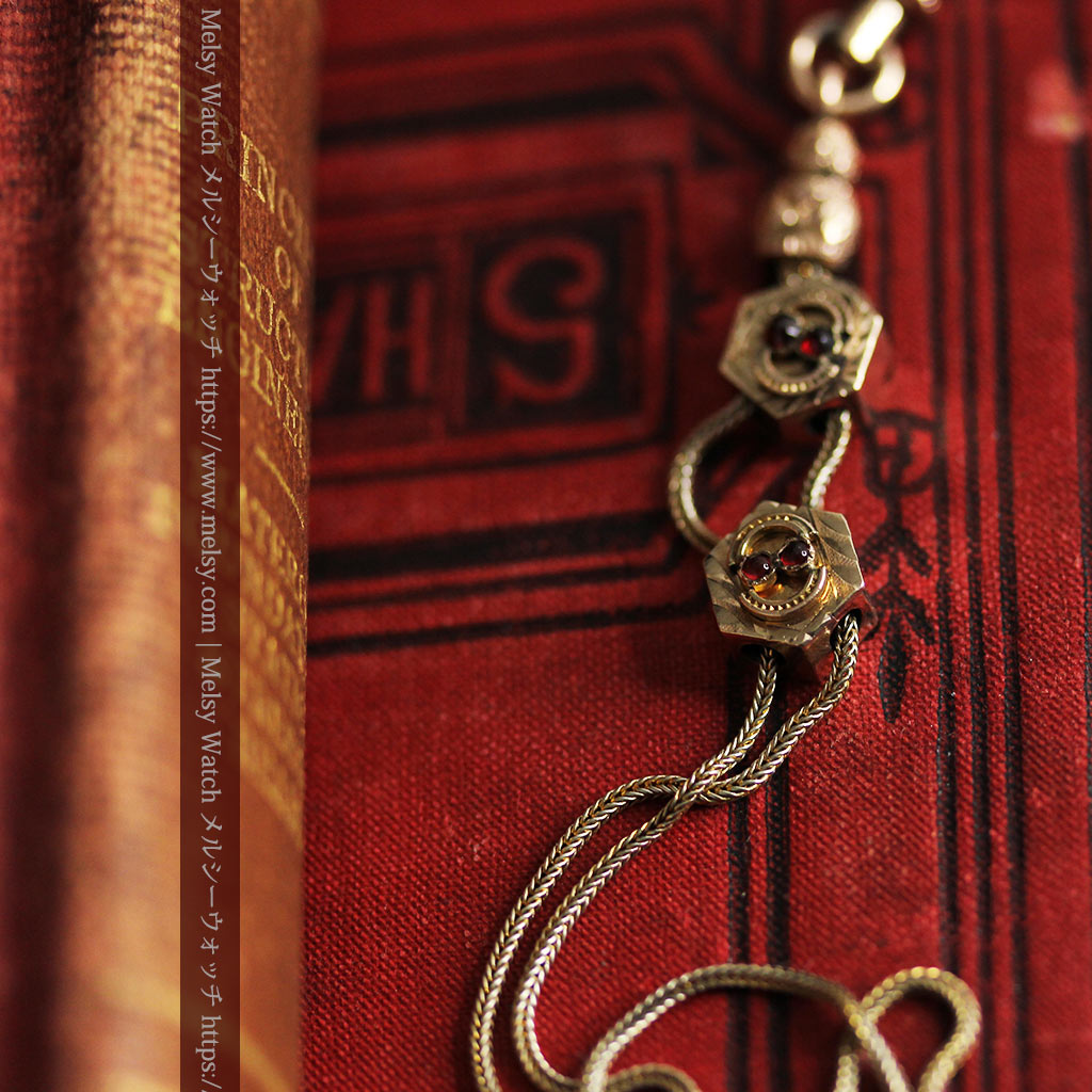 赤い宝石と六角形の装飾付きアンティーク懐中時計チェーン