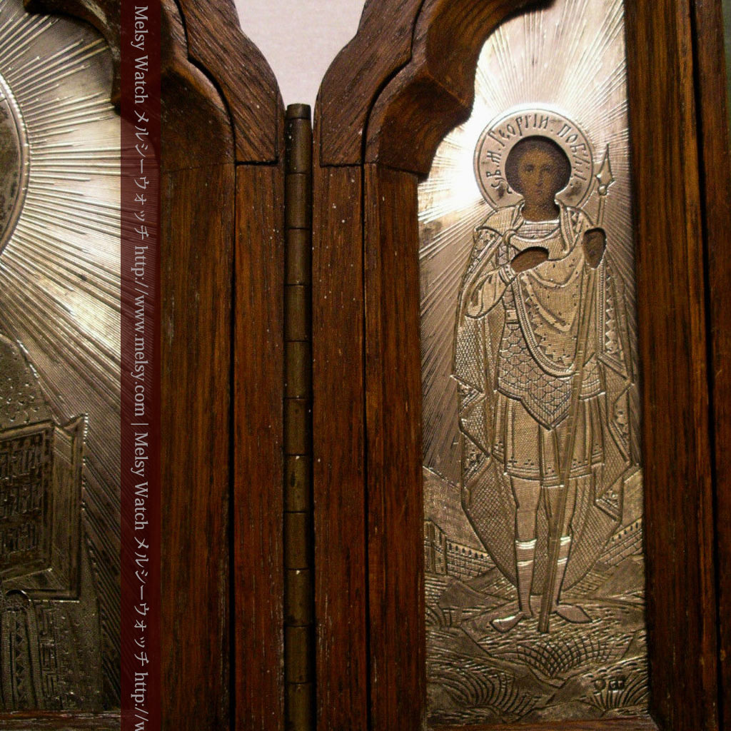 銀板にキリストと二聖人が彫られた三連祭壇画イコン 【1898年頃の