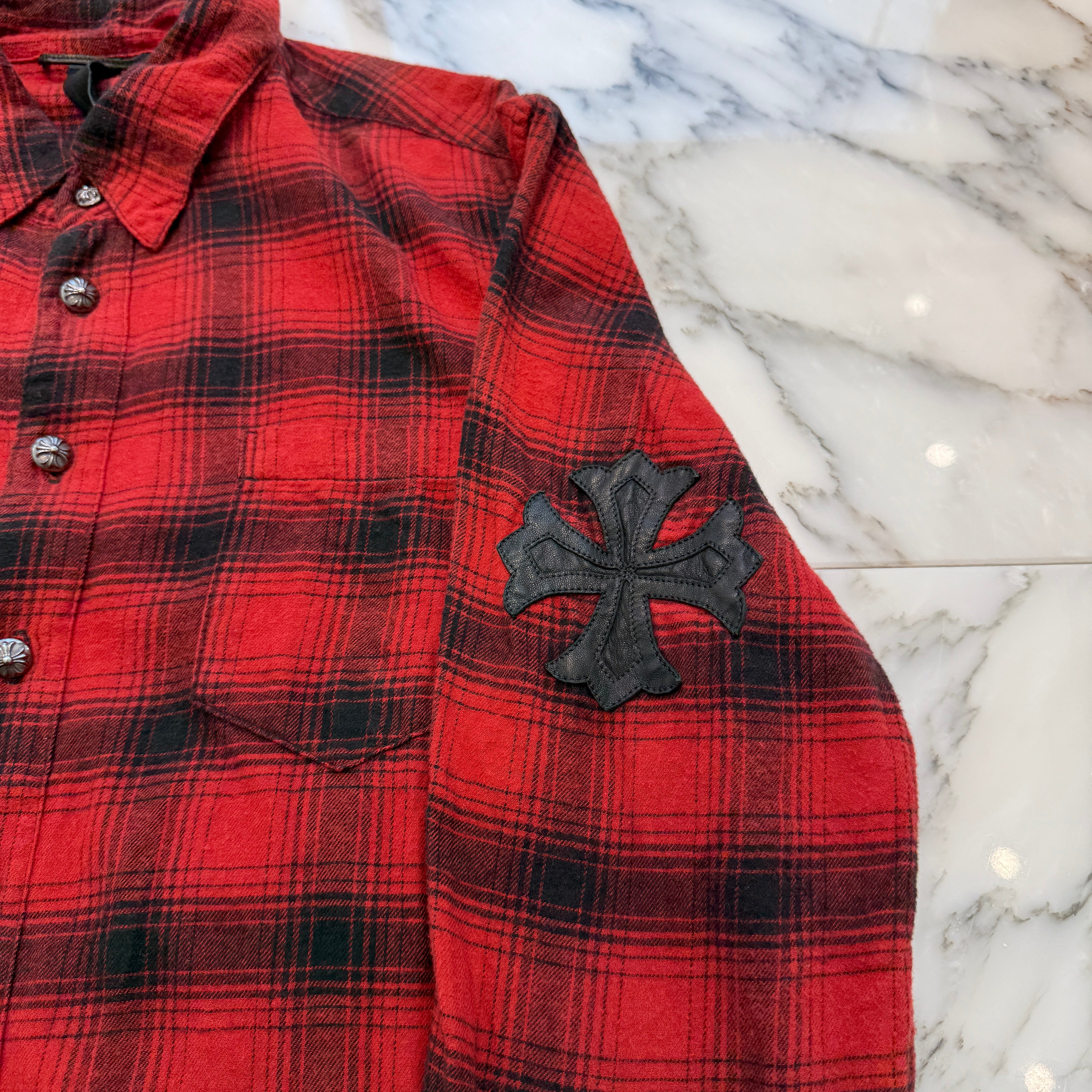 CHROME HEARTS Loose Ends Cross Patch Flannel Check Shirt Size M