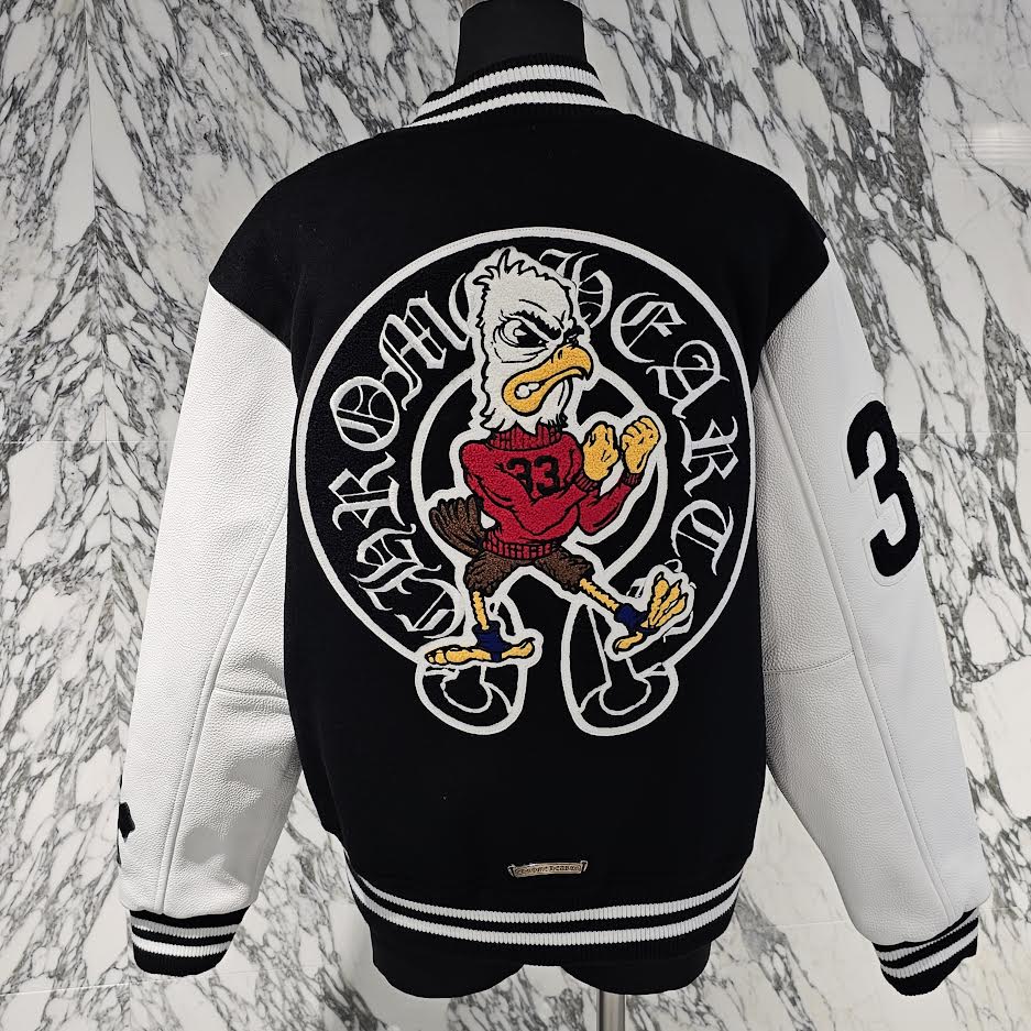 CHROME HEARTS CHICKEN 33 Cross Patch Leather Sleeve Varcity Jacket