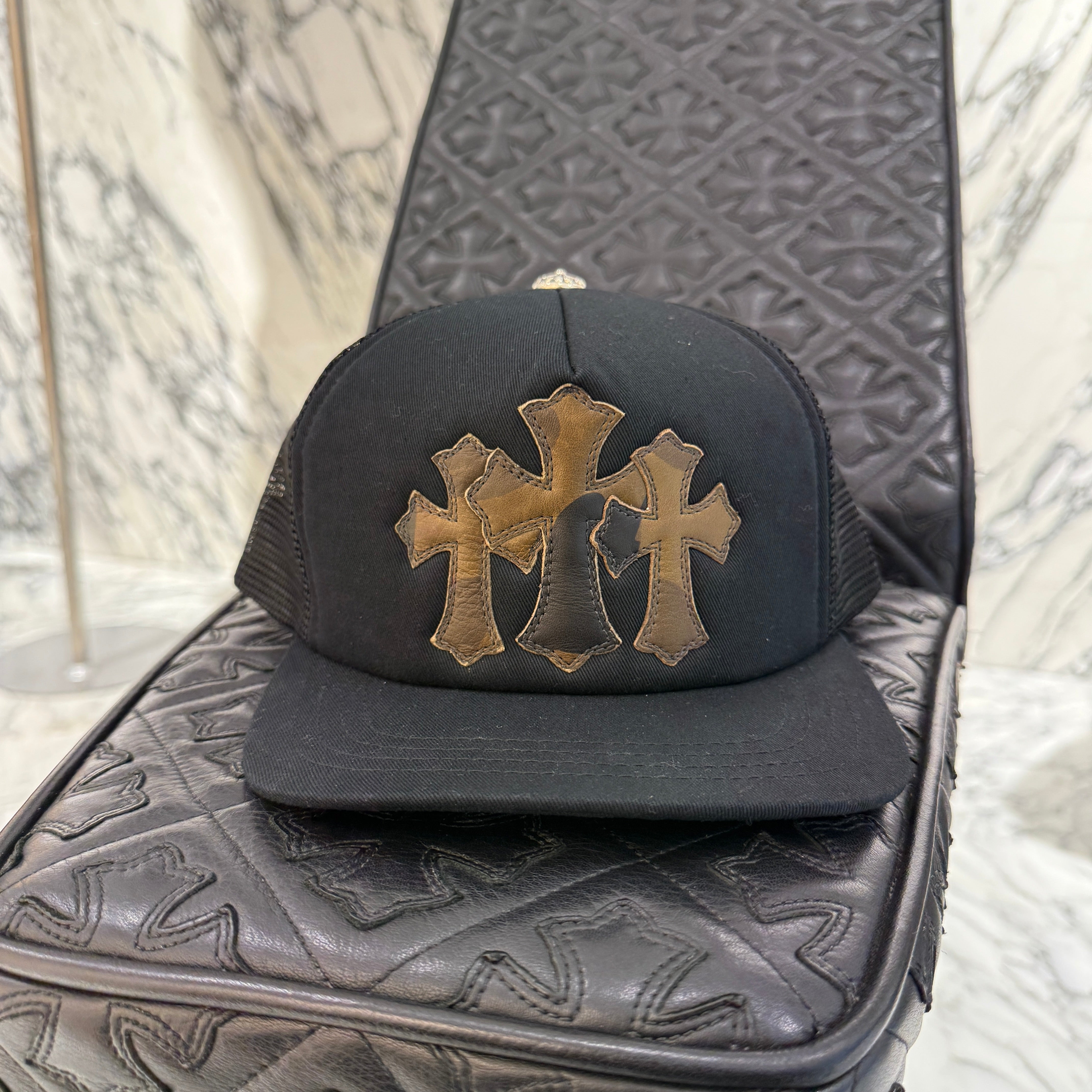 CHROME HEARTS Camo Triple Cross Leather Patch Trucker Cap ONE SIZE