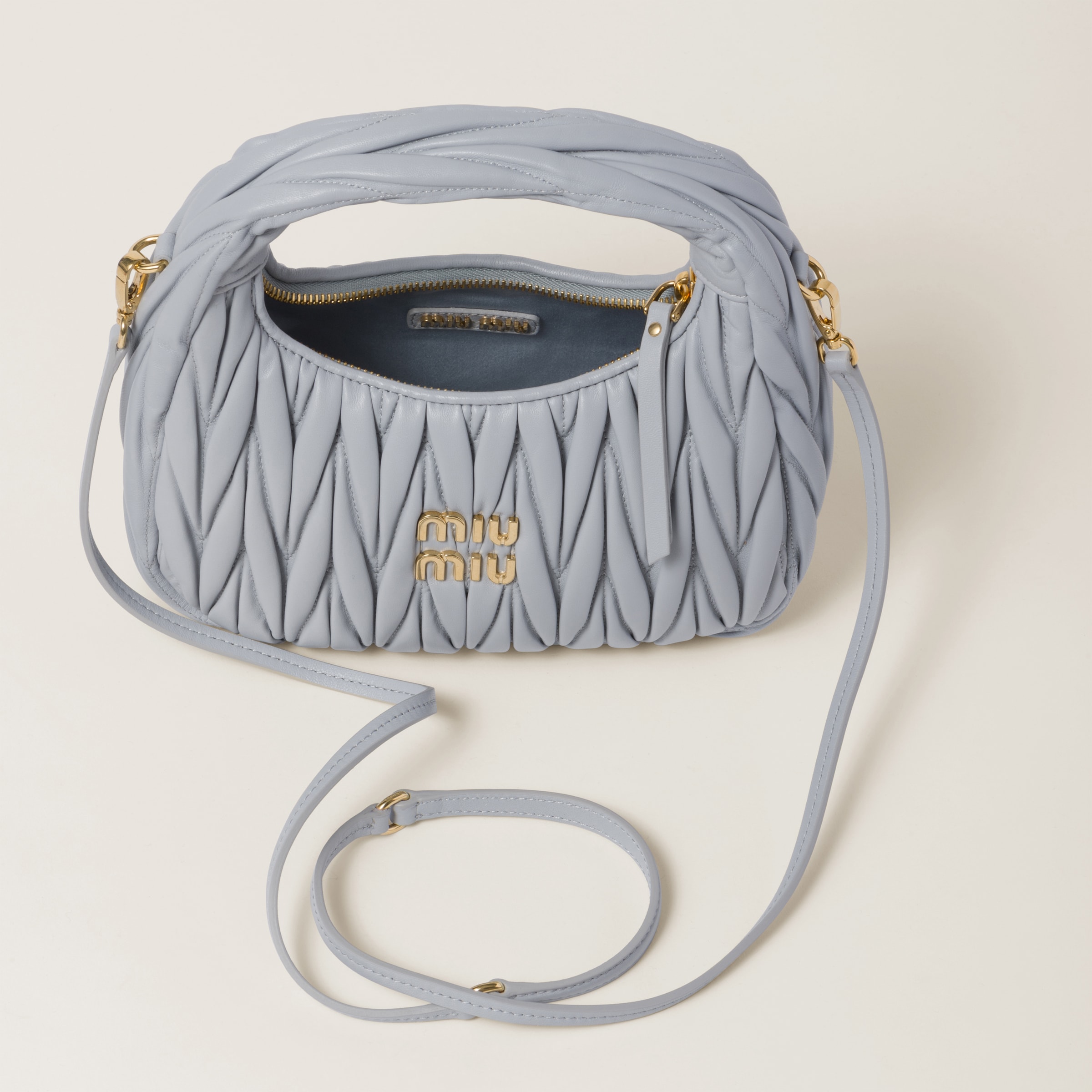 Pearl Gray Wander Matelassé Nappa Leather Hobo Bag | Miu Miu