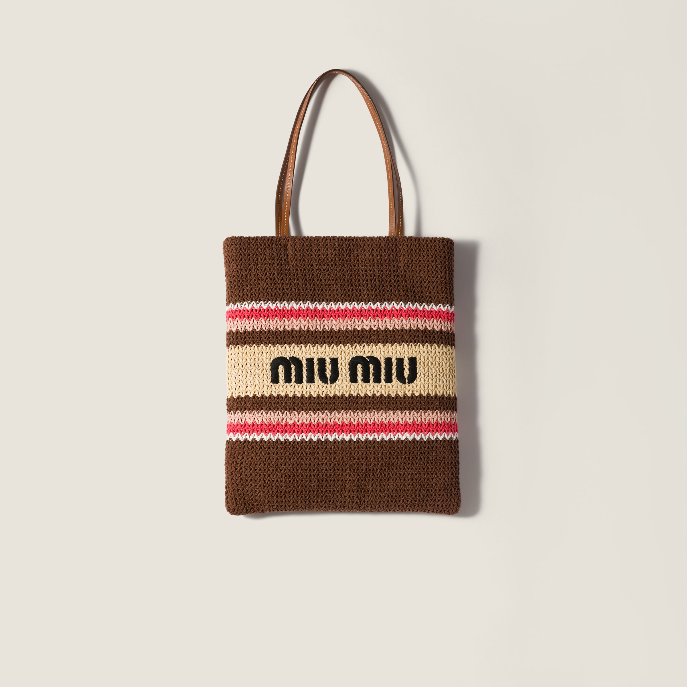 Tobacco/strawberry/natural Raffia-effect Woven Tote Bag | Miu Miu