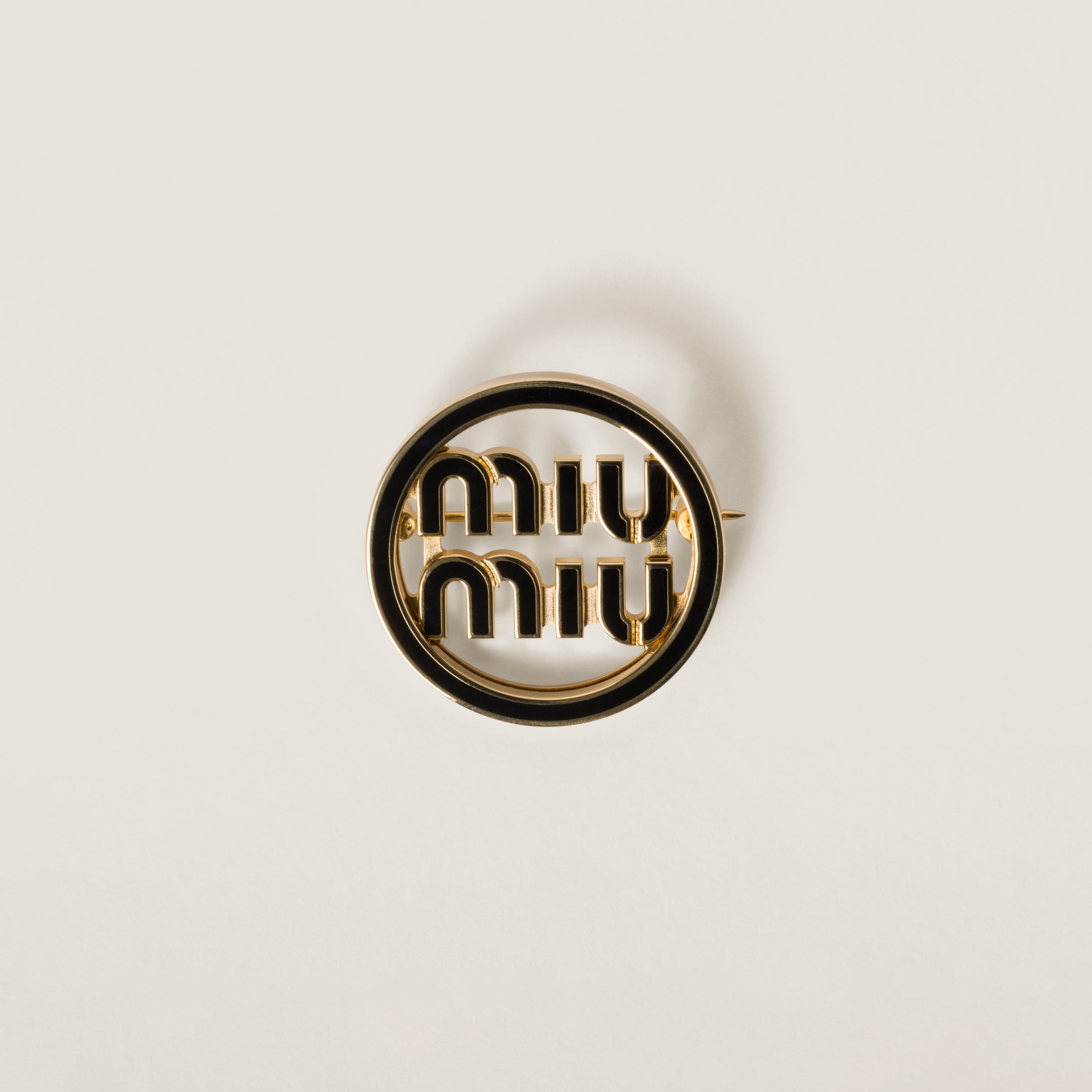 Miu Miu Enameled Metal Logo Brooch In Black | ModeSens