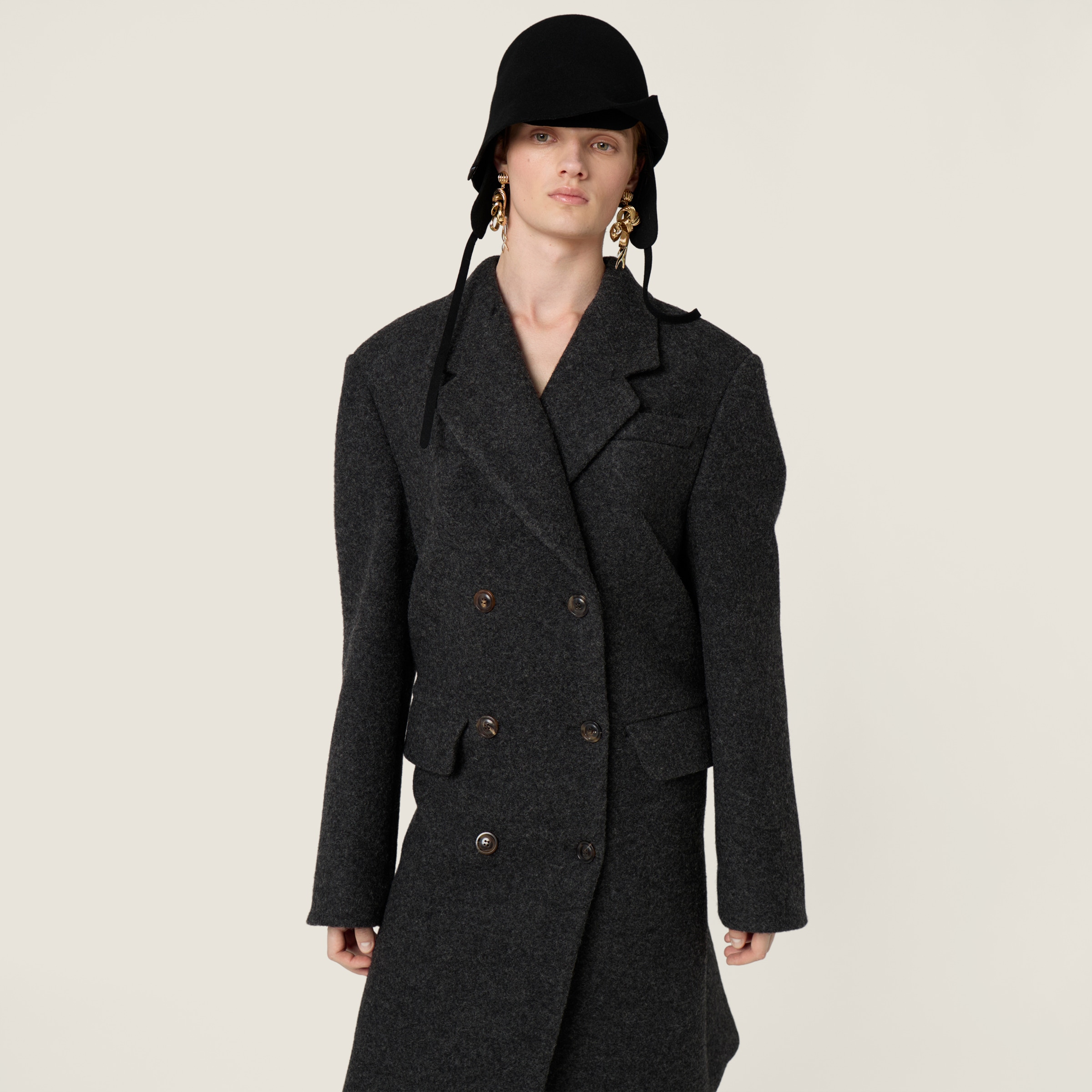 Anthracite Gray Double-breasted Shetland Wool Coat | Miu Miu