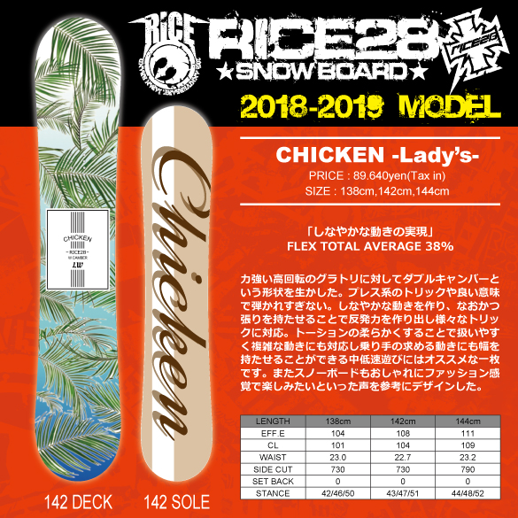 18-19 RICE28(ﾗｲｽﾄｩｴﾝﾃｨｰｴｲﾄ) / chicken [Lady's]・スノーボード