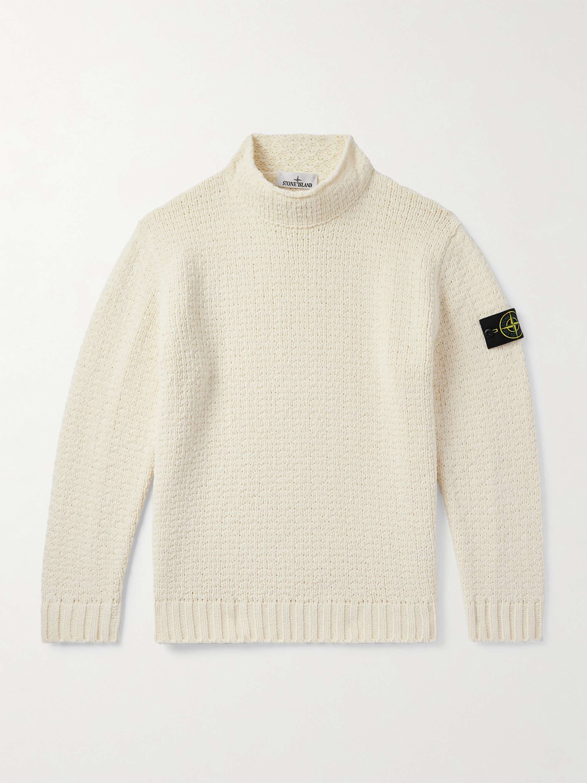 STONE ISLAND Logo-Appliquéd Cotton-Chenille Mock-Neck Sweater for
