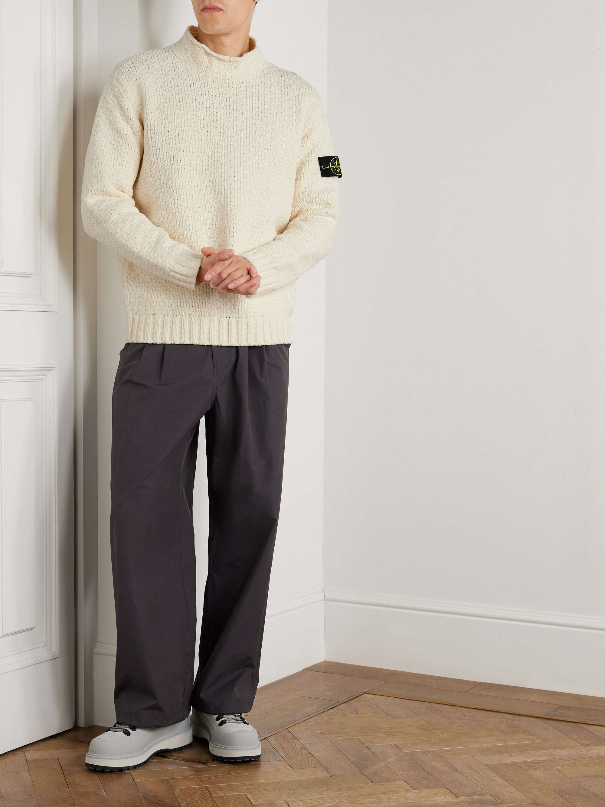 STONE ISLAND Logo-Appliquéd Cotton-Chenille Mock-Neck Sweater for