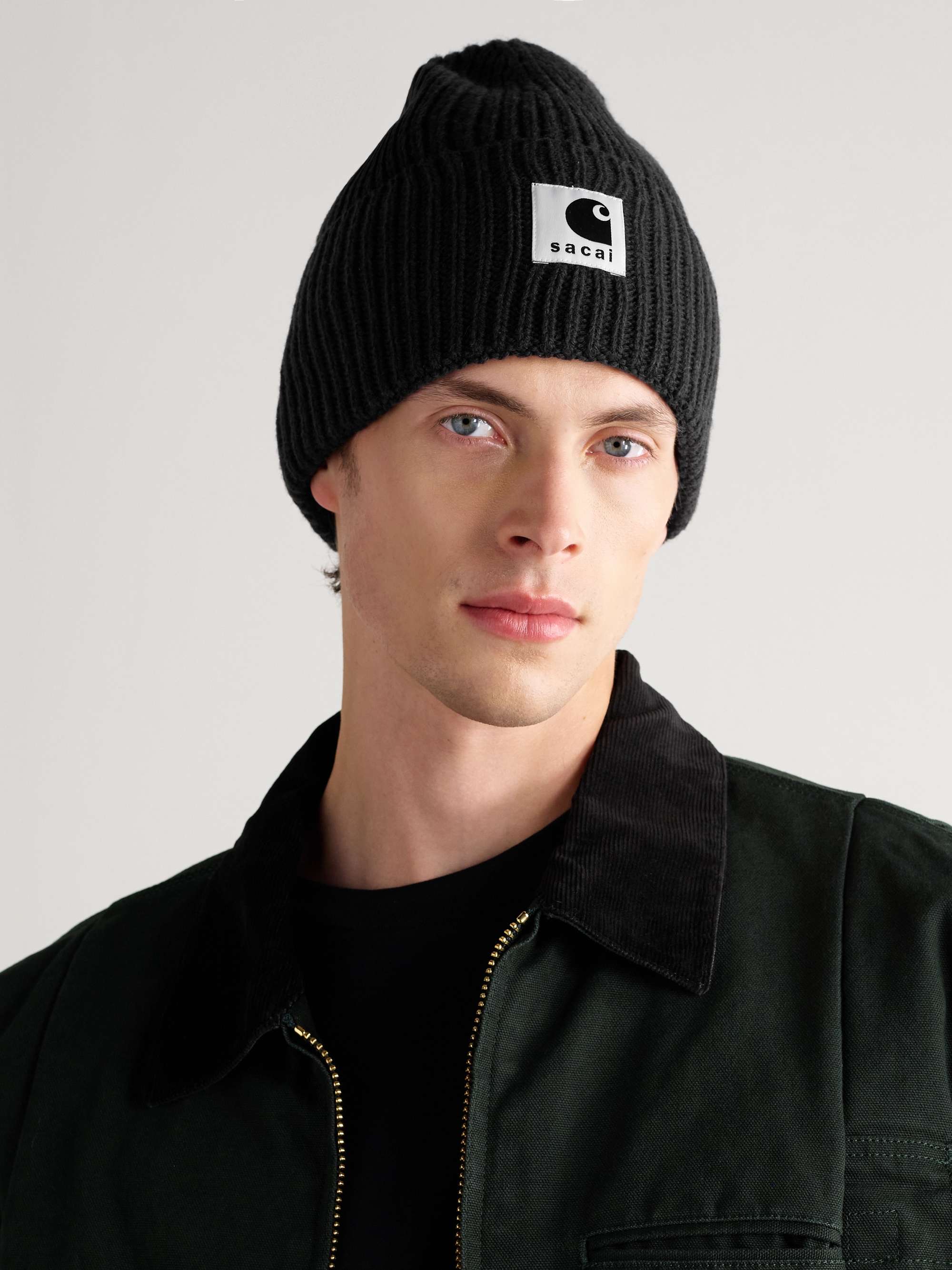 SACAI + Carhartt WIP Logo-Appliquéd Ribbed Wool-Blend Beanie for