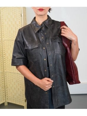 Franca Black Cropped Perforated Leather Shirt