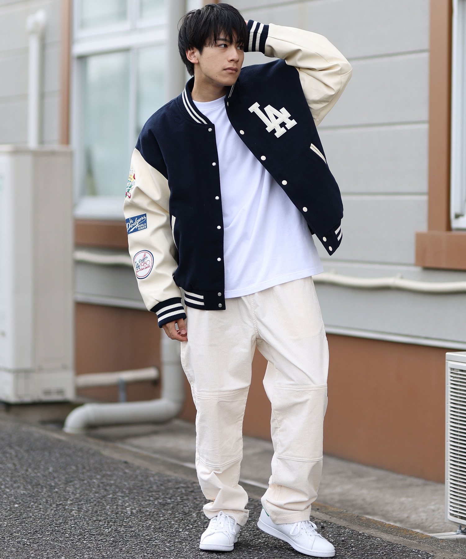 HUSTLER REASONコラボ 刺繍 スタジャン ネイビー/ホワイト L HUSTLER