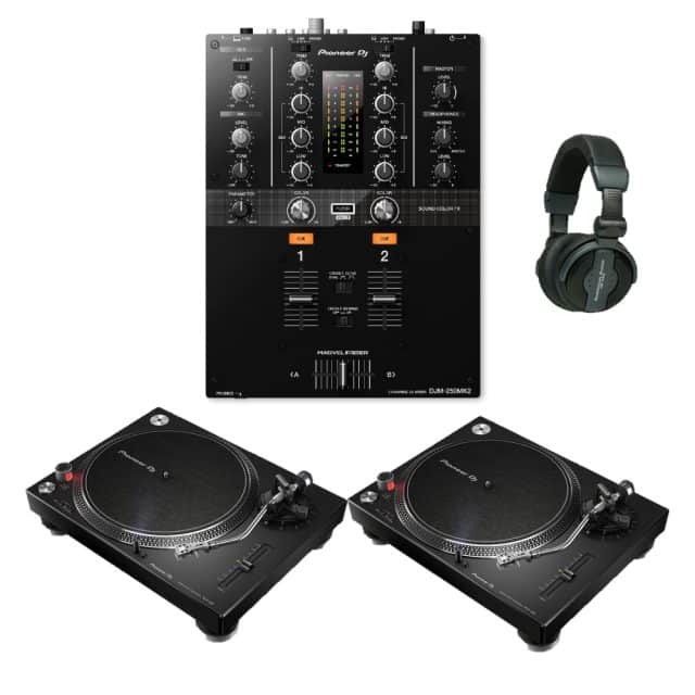 Pioneer DJ DJM-250MK2 2-CH DJ mixer + Pair of PLX1000 Turntables +