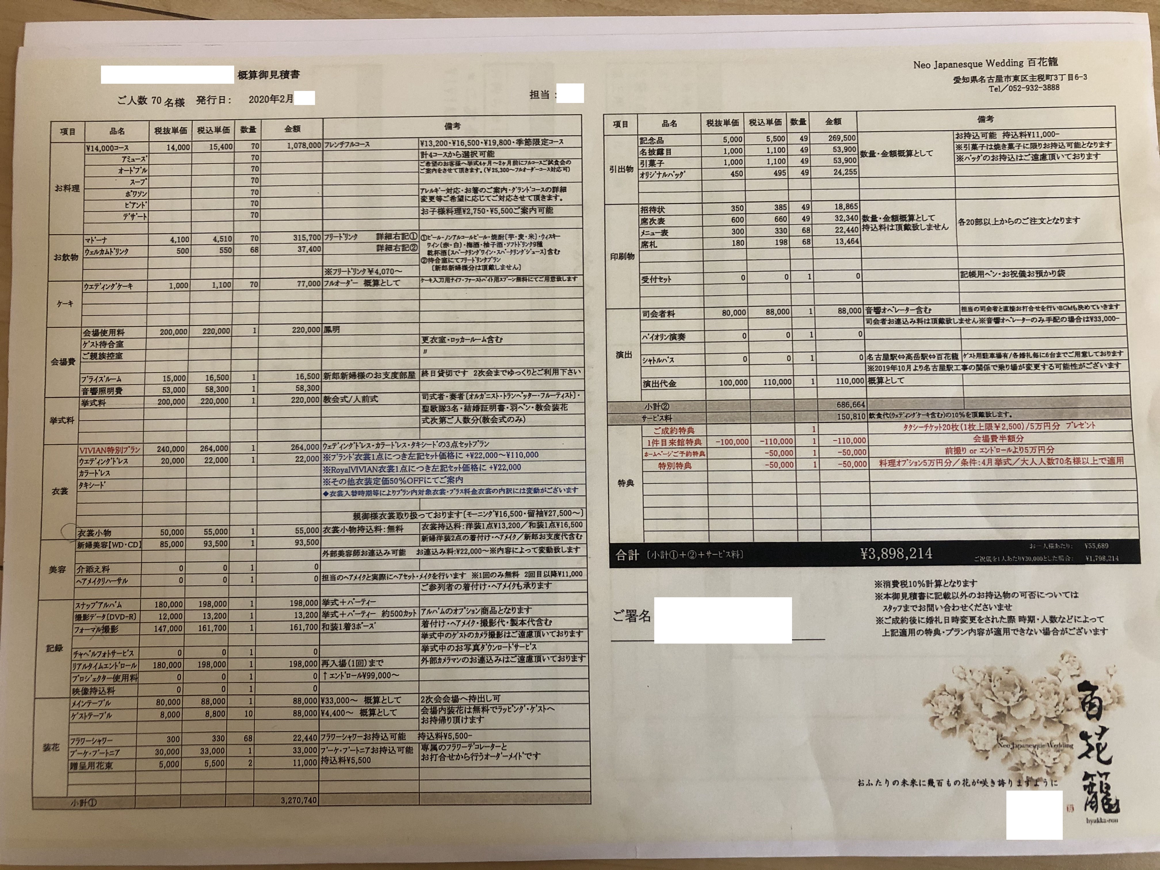 100万以上も上がってしまった（見積金額 ¥3,898,214/ 70名の場合