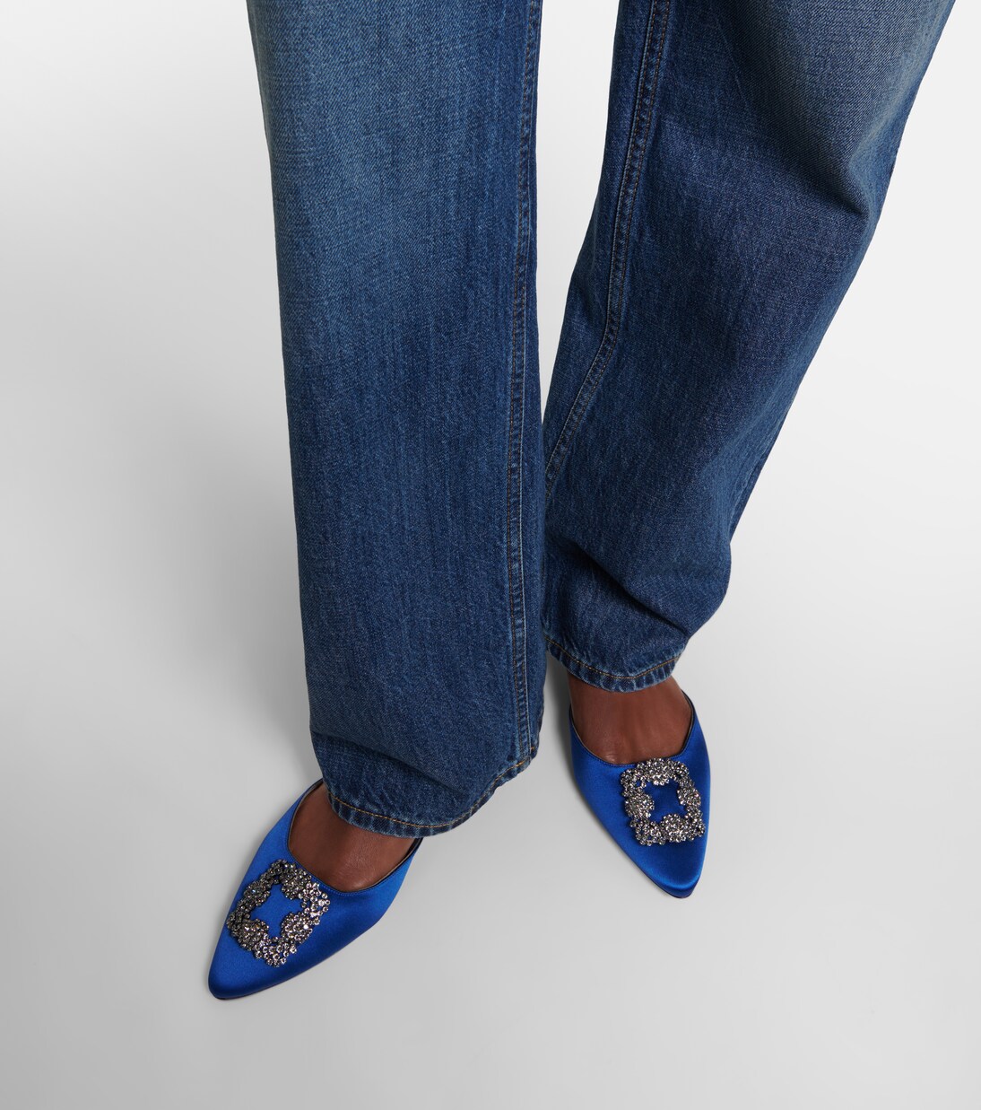 Hangisimuflat embellished satin mules in blue - Manolo Blahnik