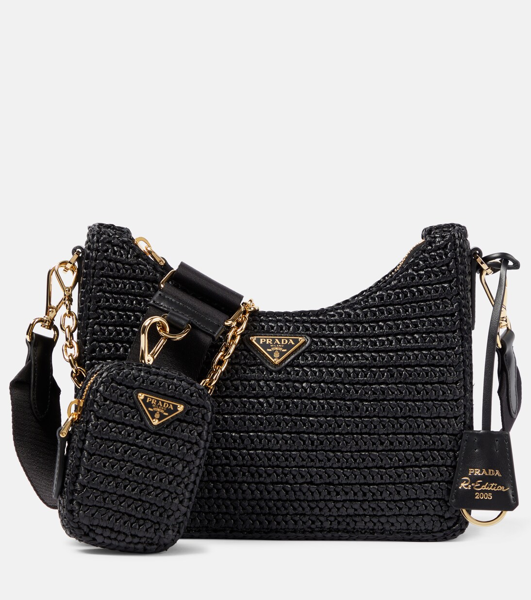 Small crochet raffia shoulder bag in black - Prada | Mytheresa