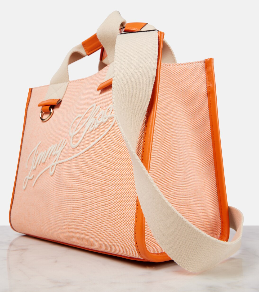 Logo leather-trimmed canvas tote bag in orange - Jimmy Choo