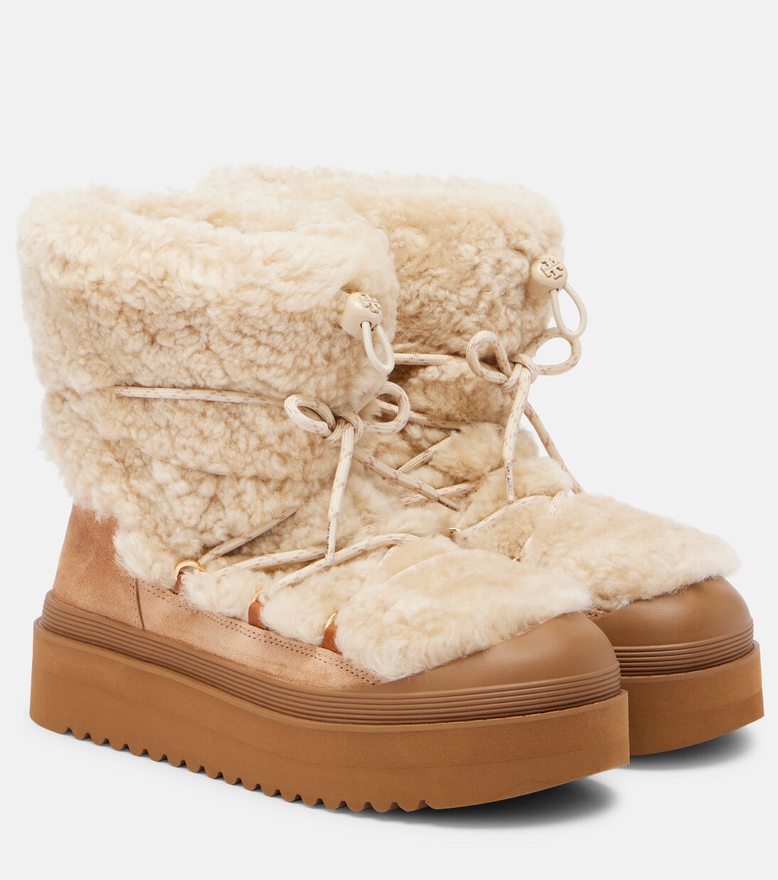 Mellow shearling and suede lace-up boots in beige - Tory Burch
