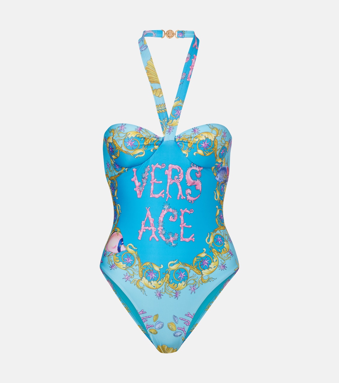 Printed halterneck swimsuit in turquoise - Versace | Mytheresa