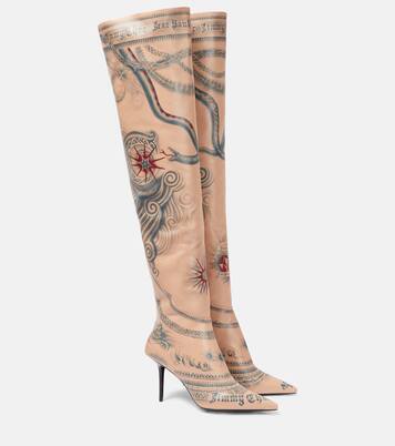 x Jean Paul Gaultier Tattoo leather over-the-knee boots in beige