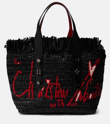 Frangibus Medium embroidered raffia tote bag in black - Christian