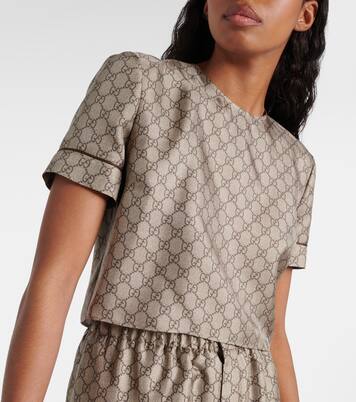 GG printed silk twill crop top in brown - Gucci | Mytheresa