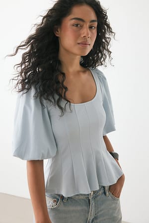 Pleated Puff Sleeve Top Blue | NA-KD