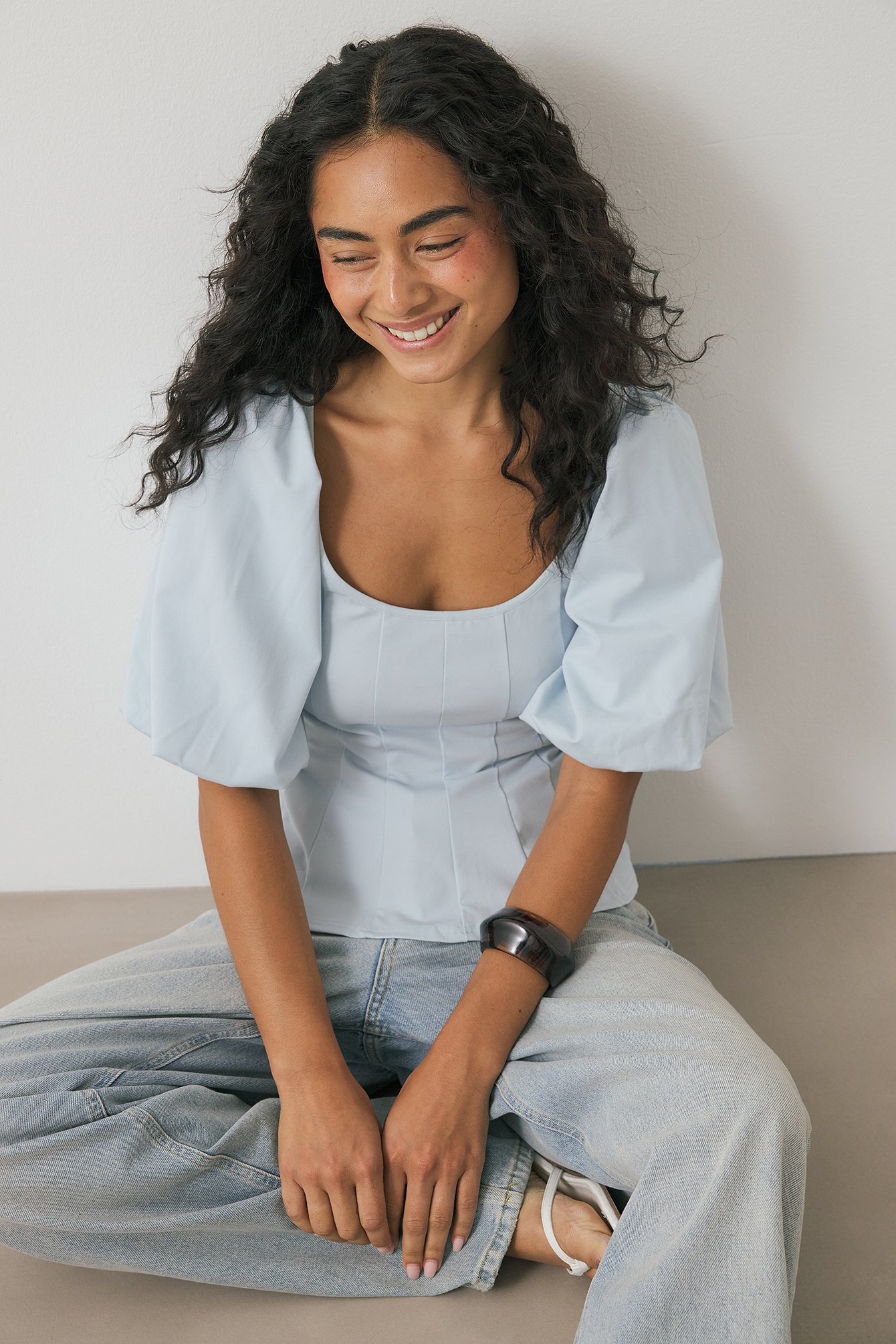 Pleated Puff Sleeve Top Blue | NA-KD