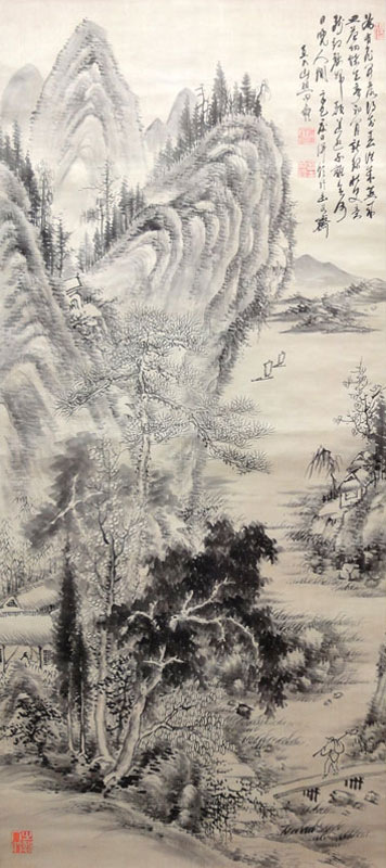 模写/田能村直入/山水図/山水人物図/春景山水図/掛軸/名家伝来/AH-721