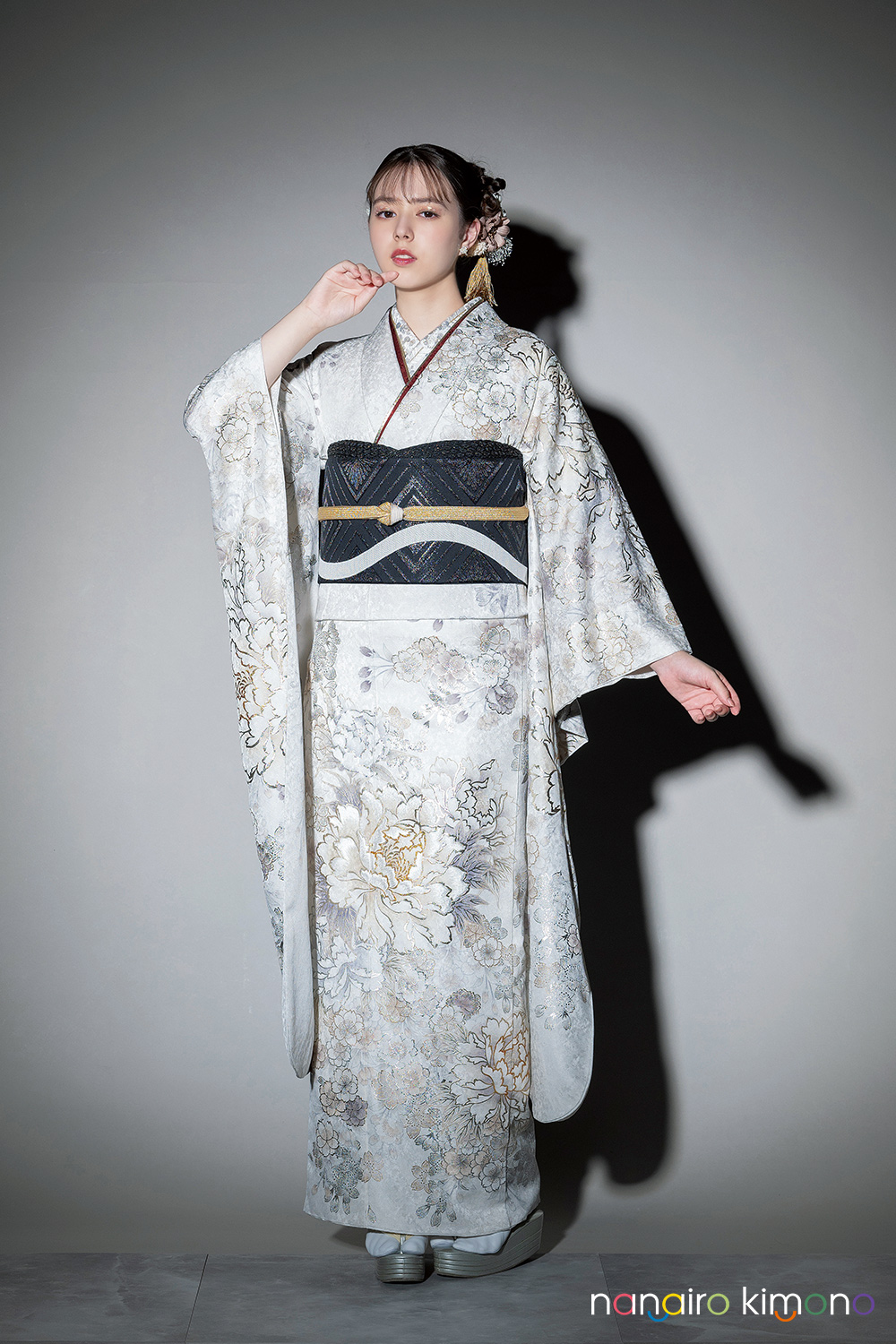 490 振袖フルセット 正絹 オフホワイト グレー 銀彩 暈し染め ナナイロ