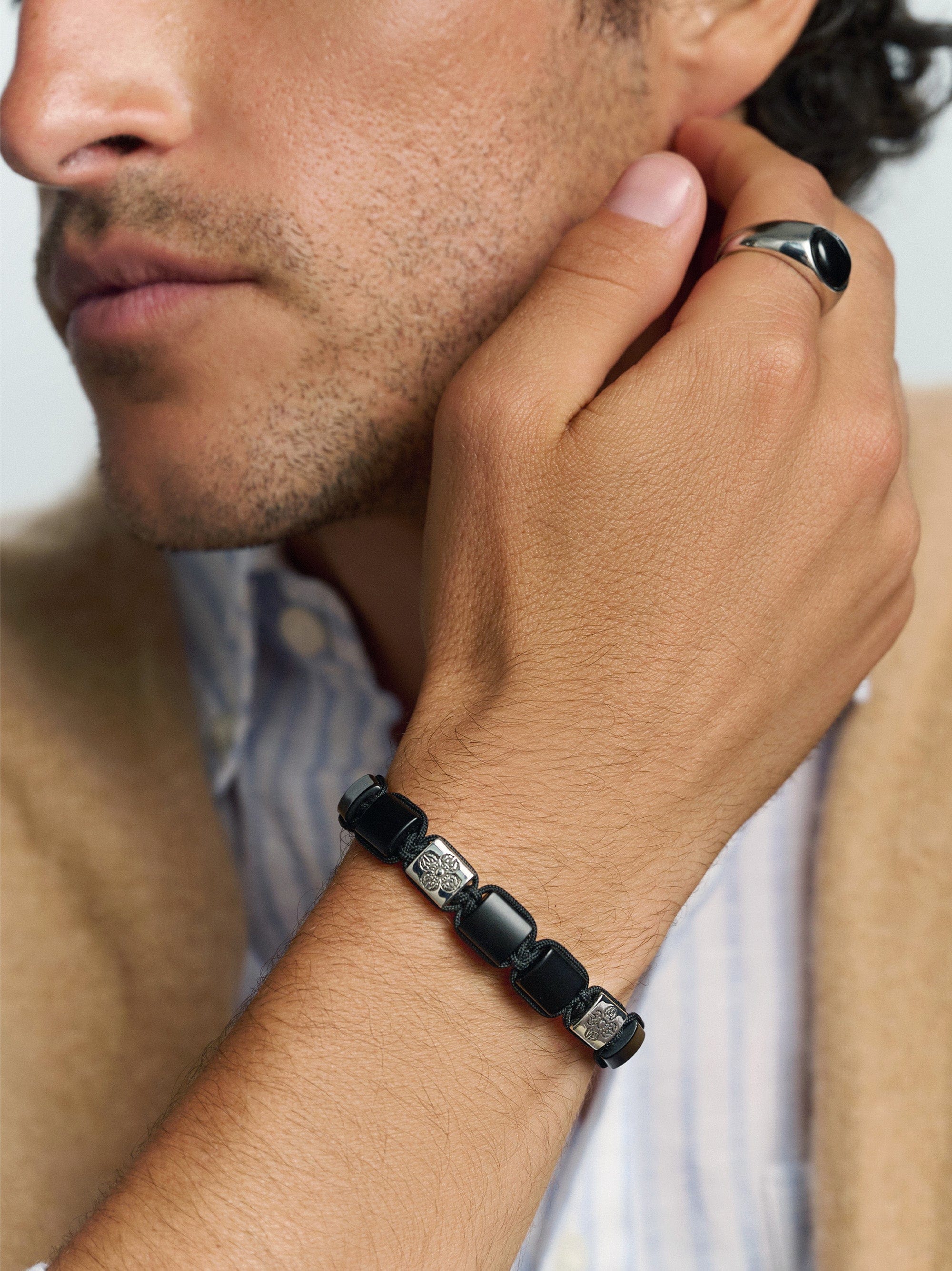 Matte Onyx and Silver Dorje Flatbead Bracelet – Nialaya