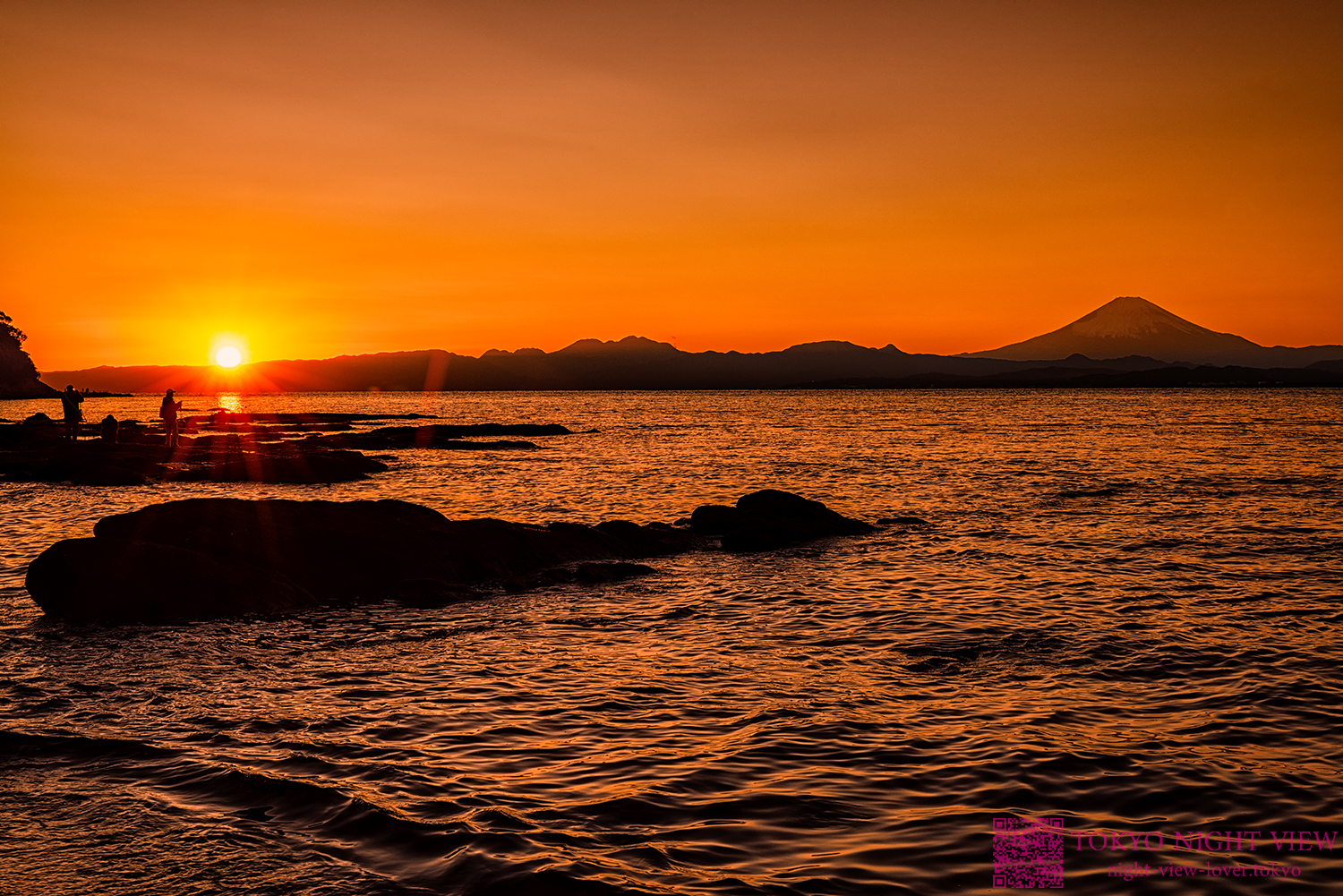 江の島から夕暮れの富士山を撮る