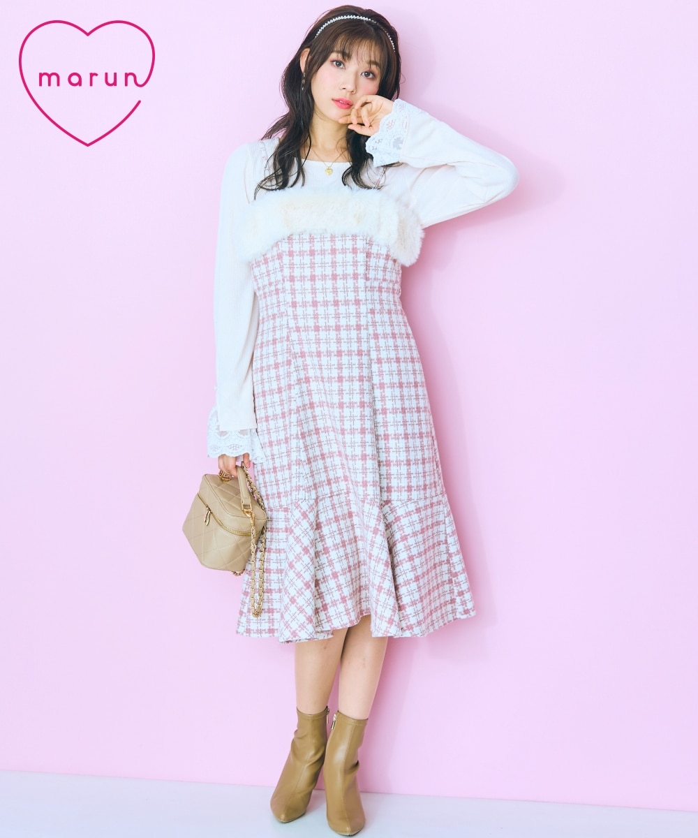 大きいサイズ＞フェイクファードッキングツイードキャミワンピース