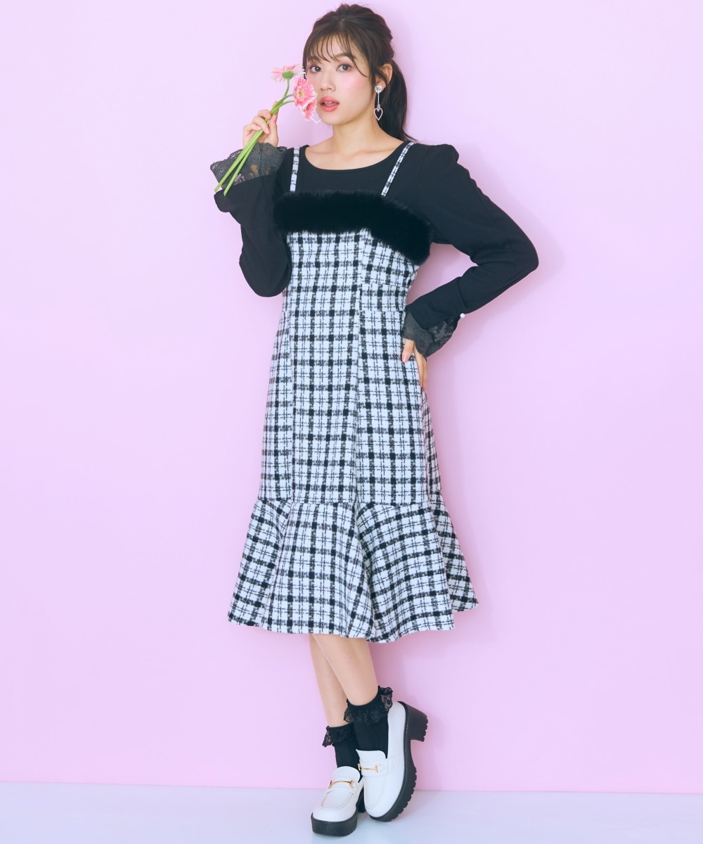 大きいサイズ＞フェイクファードッキングツイードキャミワンピース