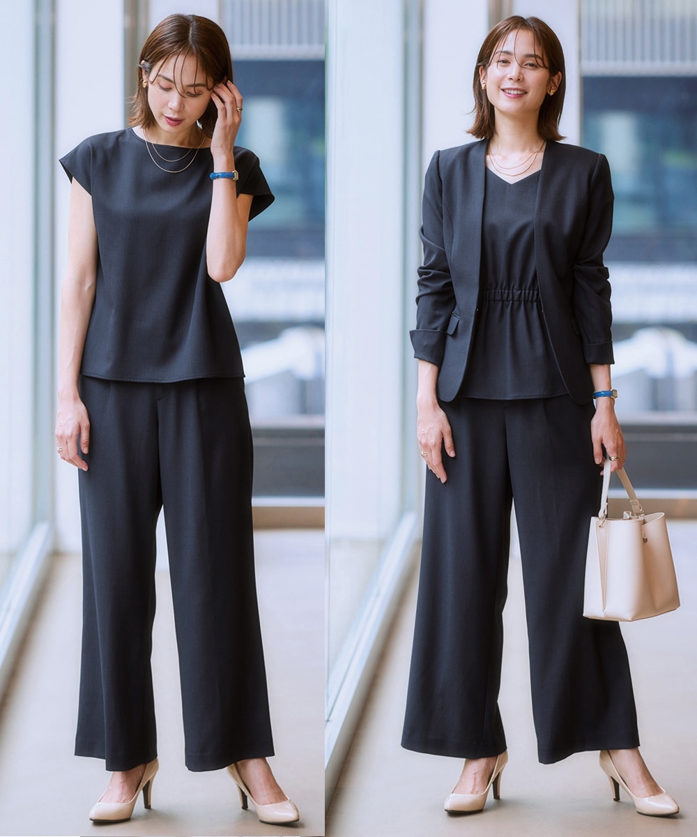 レディーススーツ】ドビー素材セットアップセミワイドパンツスーツ3点