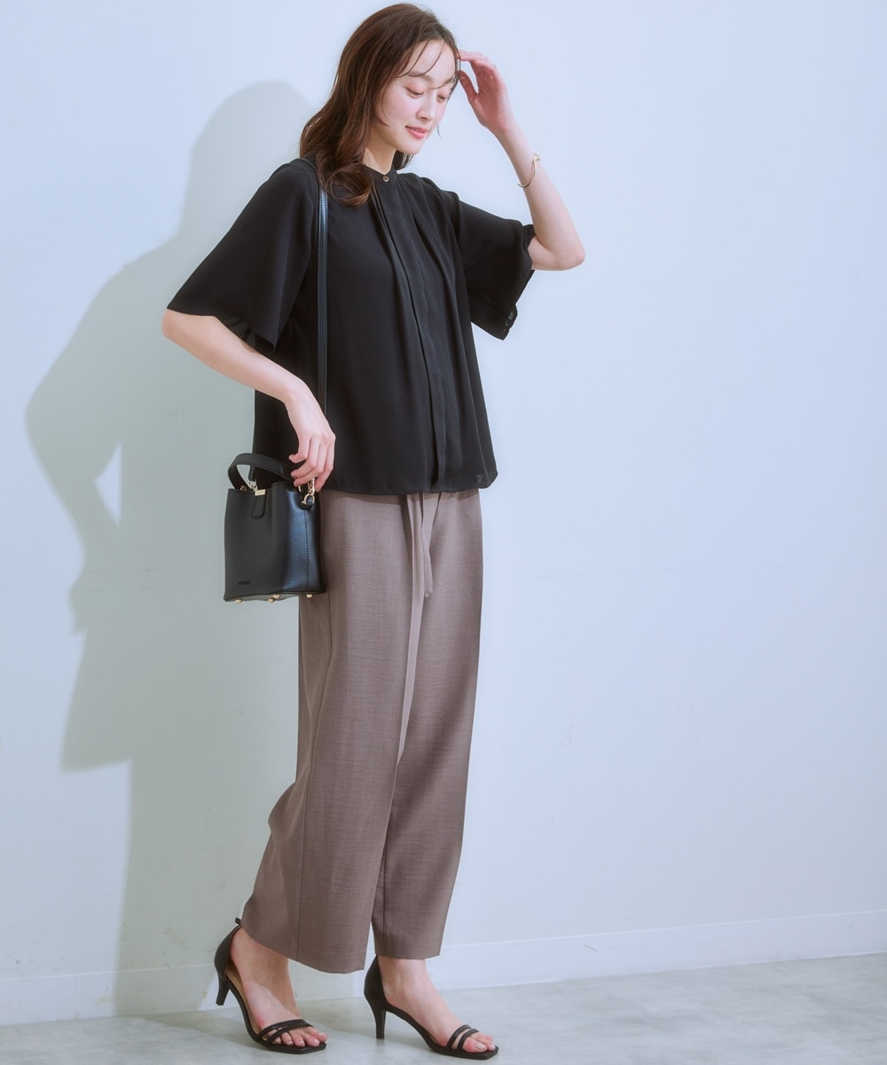 カットソー裏地付】フロントタックジョーゼットフレア5分袖ブラウス