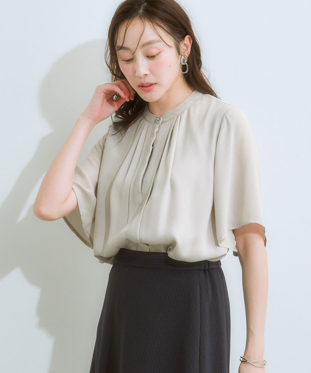 カットソー裏地付】フロントタックジョーゼットフレア5分袖ブラウス