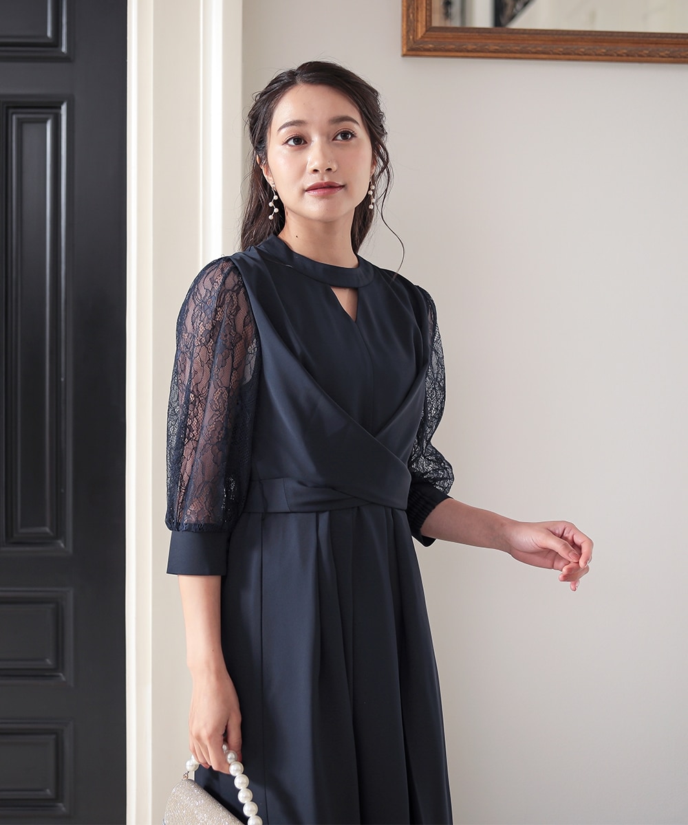 結婚式・パーティードレス】ウエストバックリボンアシメレース