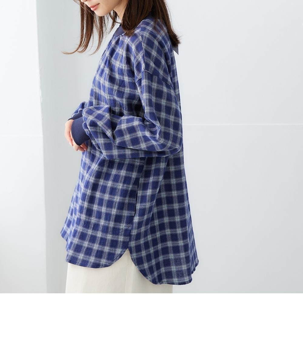 袖口リブ付先染めチェック柄チュニックブラウス（サイドポケット付