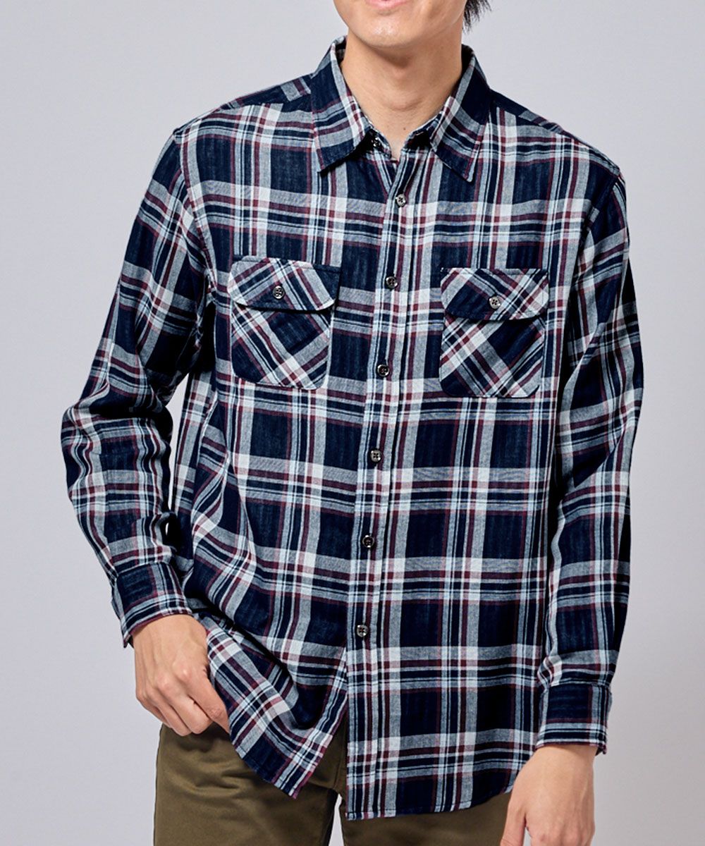 綿100％ダブルガーゼ長袖先染チェックシャツ（お腹ゆったり） 通販