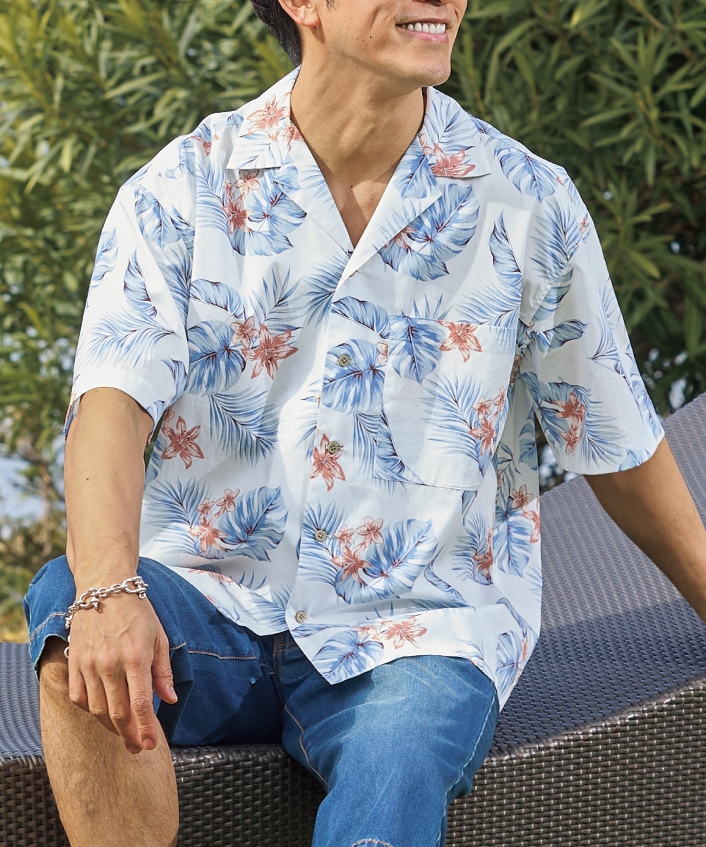 オーバーサイズ綿100％オープンカラー5分袖アロハシャツ