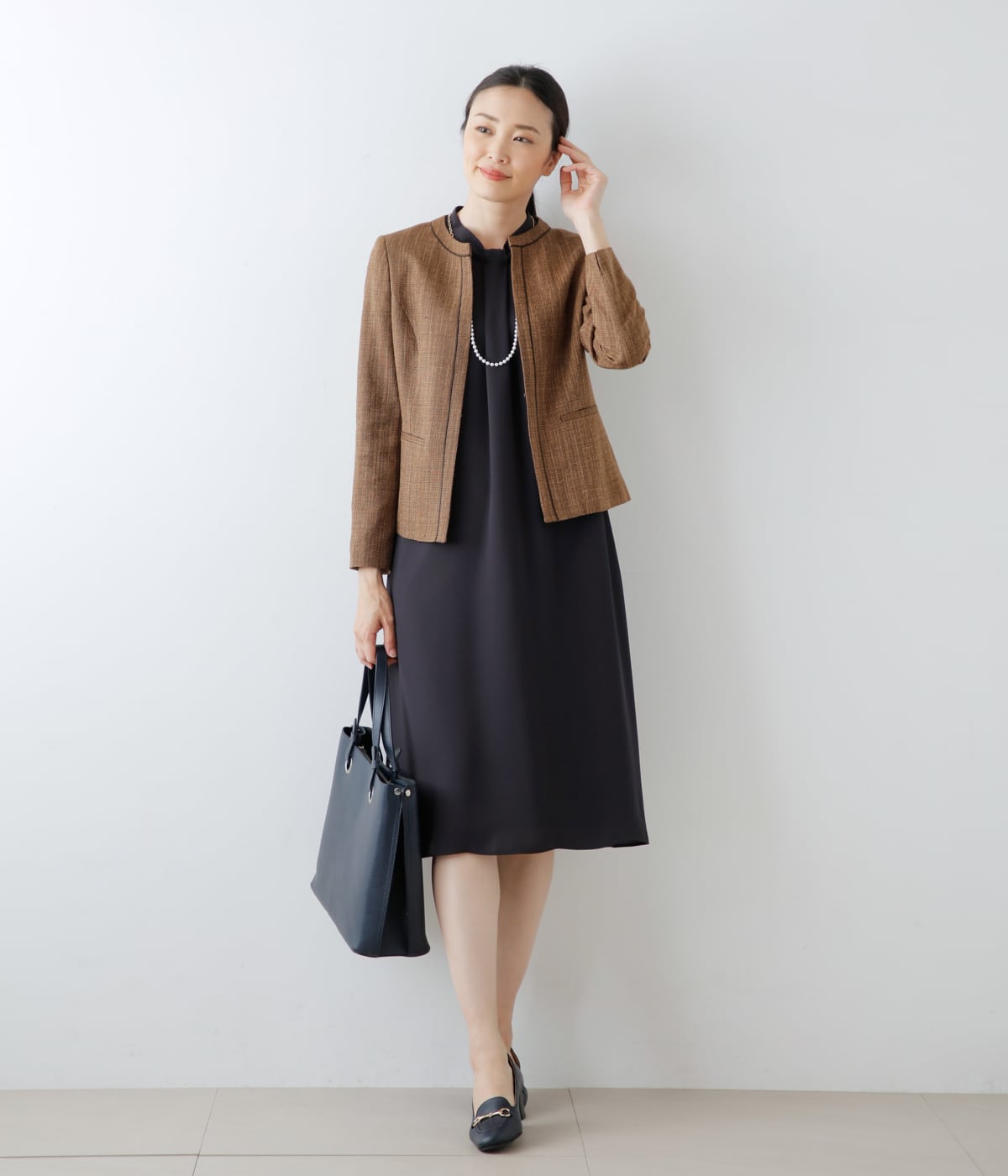 L】ポリエステルソフトクロス 7分袖ボウタイ風ワンピース(54443155