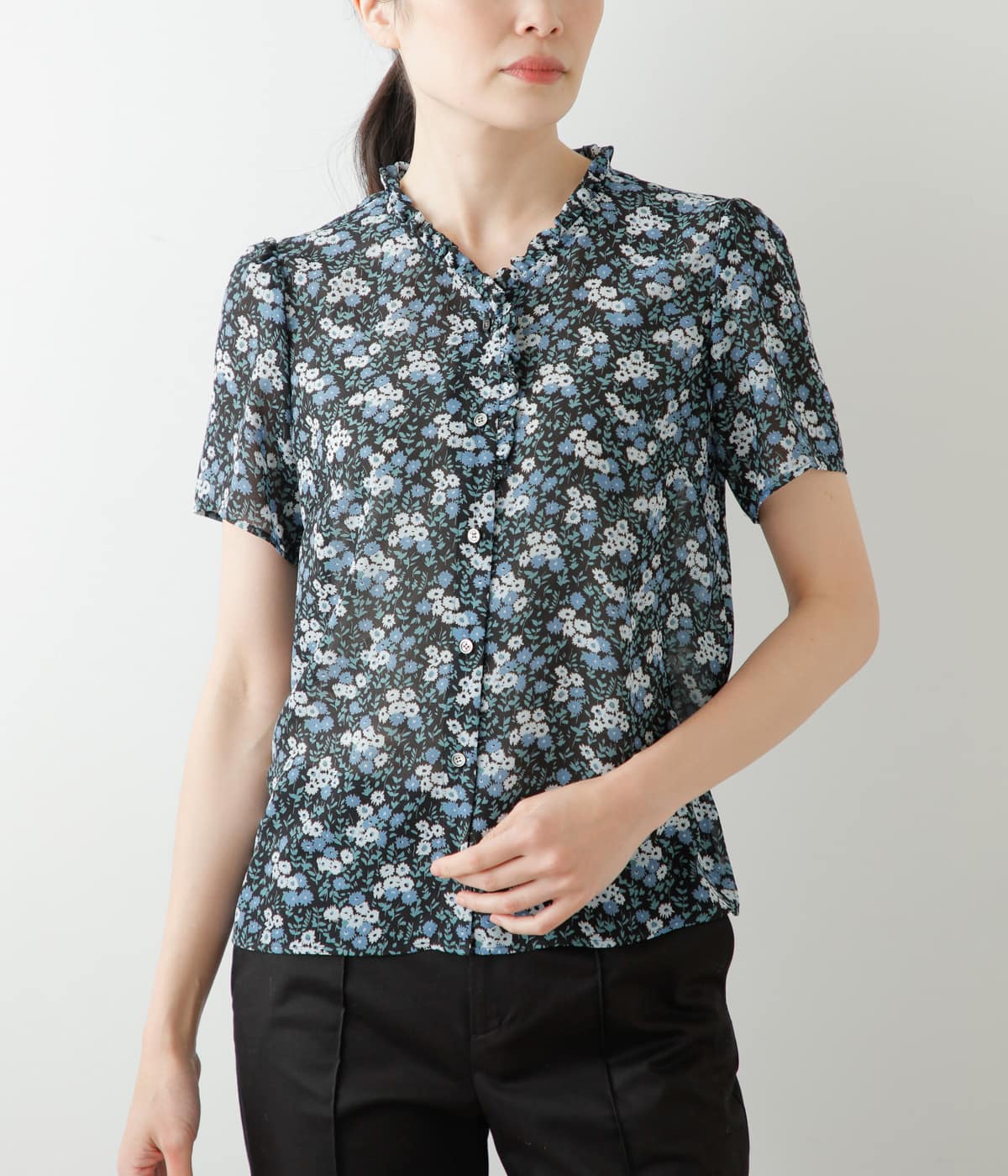 ブロッサムプリント Vネックフリルブラウス(51653110-2024