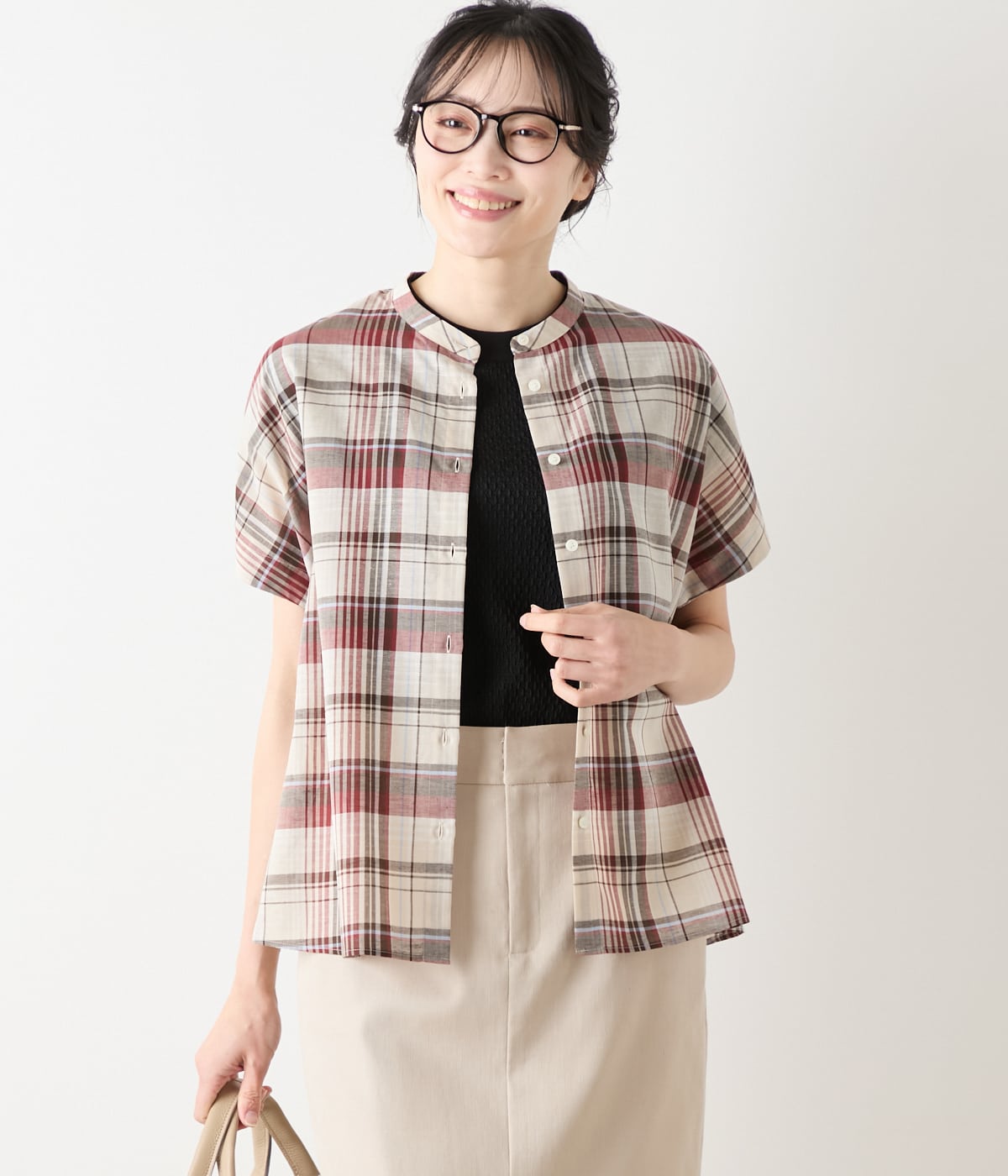 L】リネン混マドラスチェック ドルマンスリーブブラウス(54655263-2025