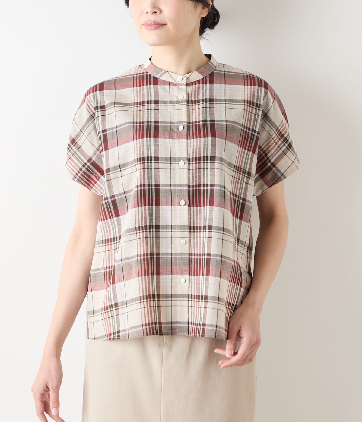 L】リネン混マドラスチェック ドルマンスリーブブラウス(54655263-2025