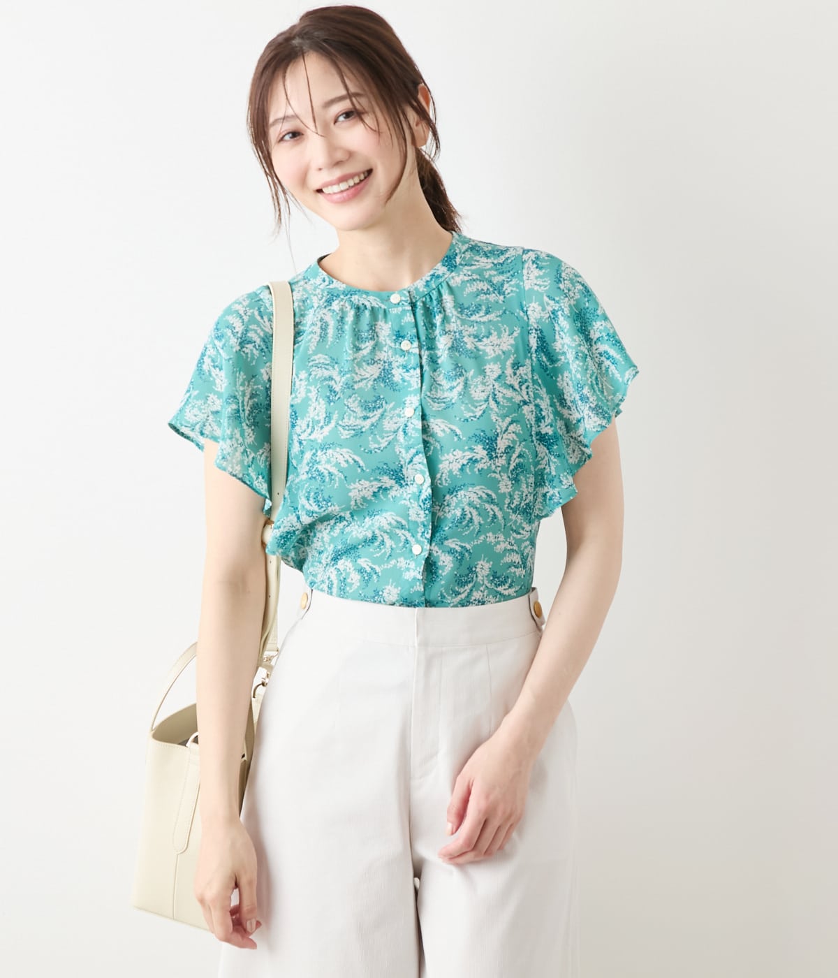 リーフブーケプリント ラッフルスリーブブラウス(51655270-2025