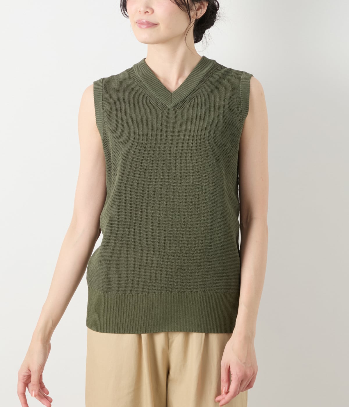 リネンライクワッフル Vネックノースリーブプルオーバー(51725660-2025