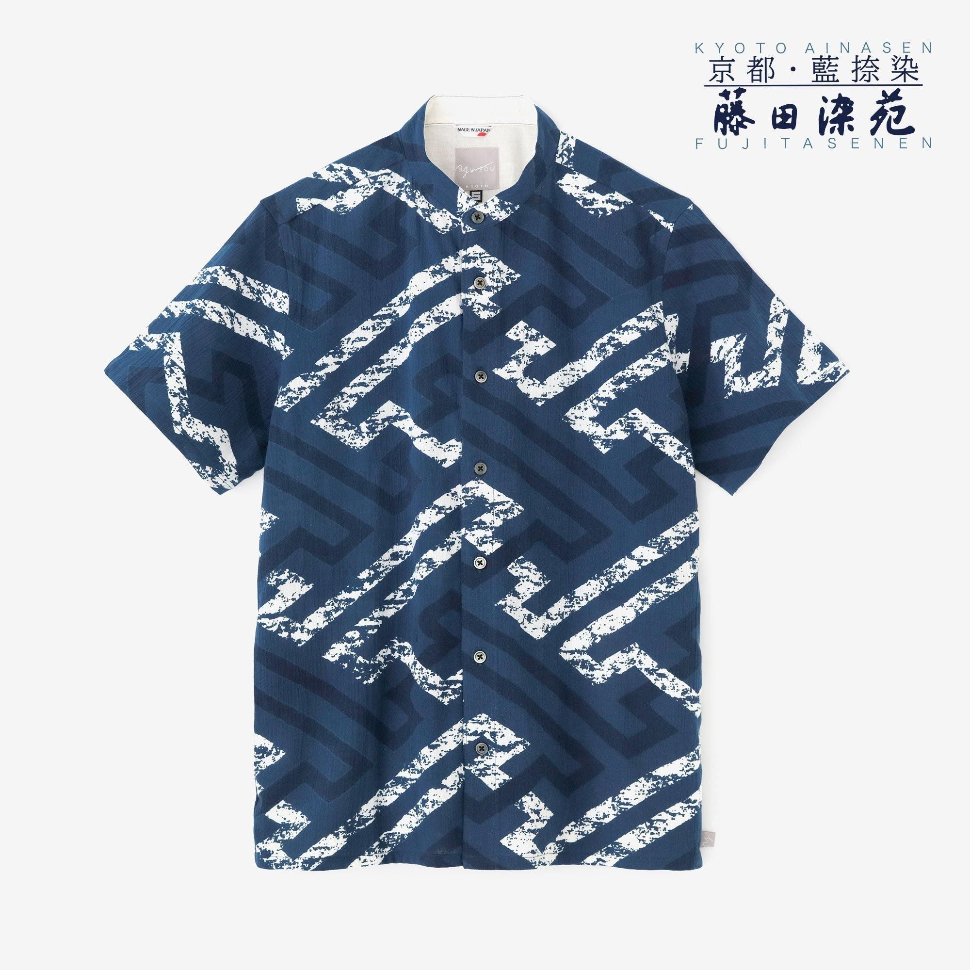 net限定】高島縮 20/20 藍捺染（あいなせん） スタンドカラー半袖