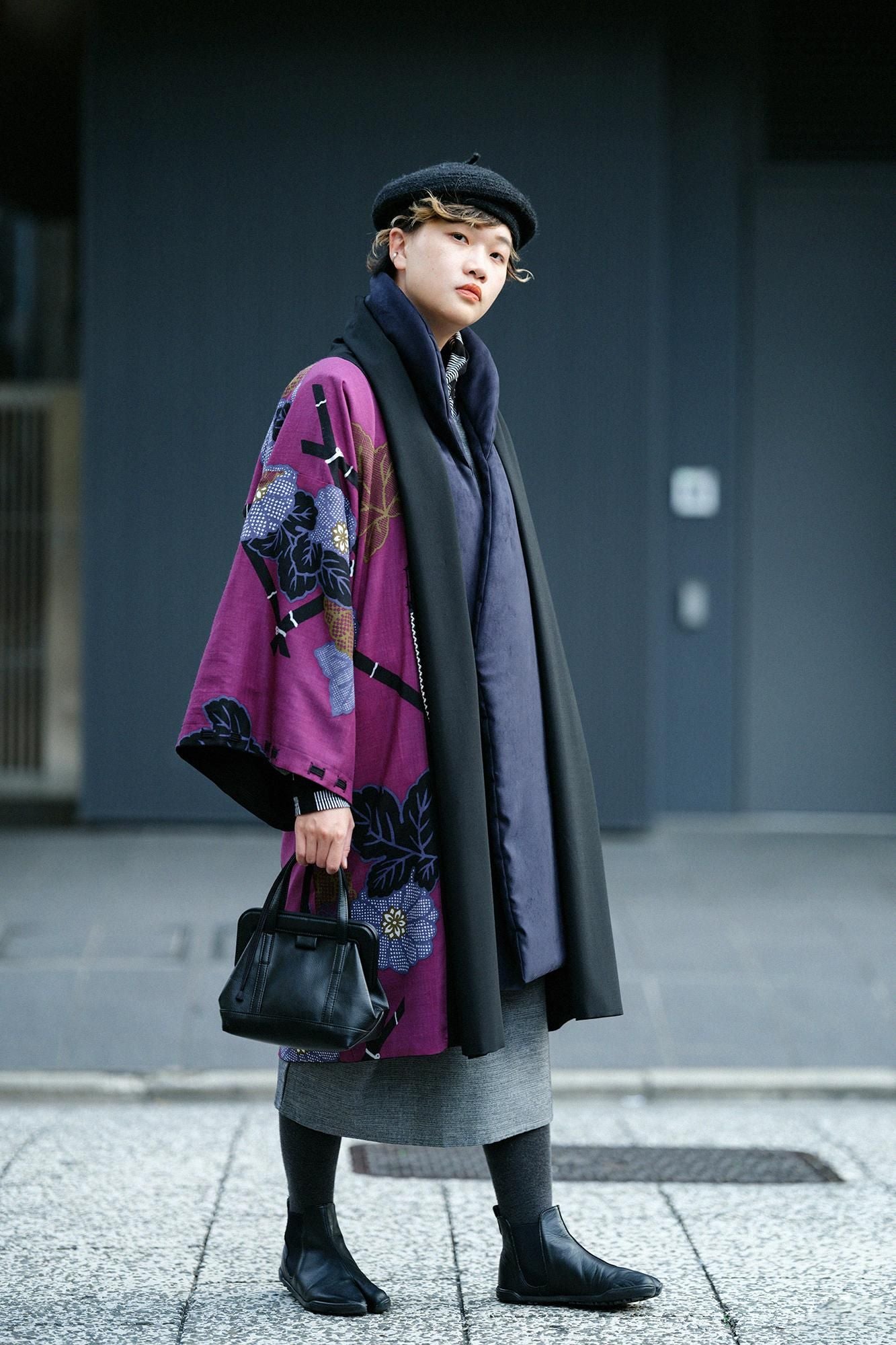 フェイクヌバック 長陣羽織 中綿袷（なかわたあわせ）／濡羽色 女F