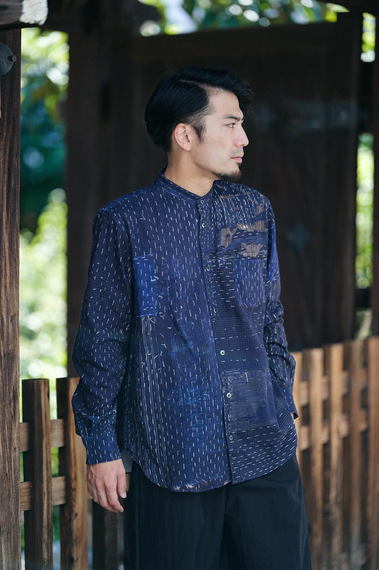 高島縮 20/20 スタンドカラーシャツ／BORO III IJ